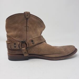 Frye Wyatt Harness Short ankle boot in distressed brown leather. 